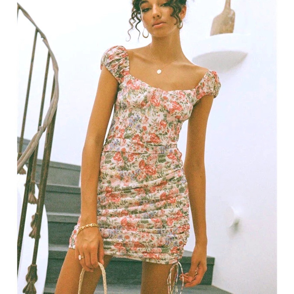 Sabo Floral Corset Midi Dress XS Pink Rose Ruched‎ Back Sweetheart Neck - Picture 8 of 8